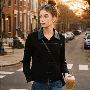 Vintage Fashion Bug Black Stretch Jacket w/ Faux-Leather Collar & Piping